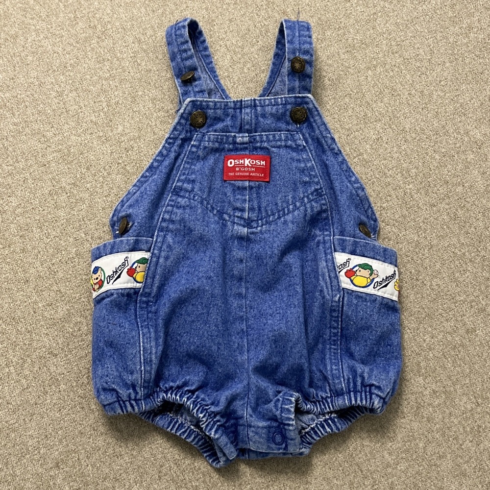 Vtg 90s OshKosh B'gosh Denim Bubble Overalls 18M Baseball Vestbak Romper Shortal